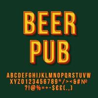 Beer pub vintage 3d vector lettering. Retro bold font. Pop art stylized text. Old school style letters, numbers, symbols pack. 90s poster, banner, signboard typography design. Green color background