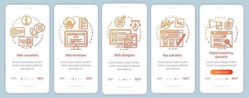 Web consulting onboarding mobile app page screen vector template. Website development. Digital marketing. Walkthrough website steps with linear illustrations. UX, UI, GUI smartphone interface concept