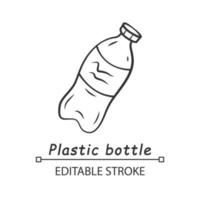 Plastic bottle linear icon. Reusable empty plastic bottle. Drinking water waste. Ecology saving packaging. Thin line illustration. Contour symbol. Vector isolated outline drawing. Editable stroke