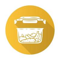 Food storage container flat design long shadow glyph icon. Eco friendly, recycle material. Plastic food packaging. Reusable lunch box. Fresh fruits, vegetables storage. Vector silhouette illustration