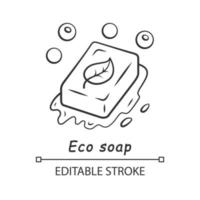Eco soap linear icon. Handmade, natural washing soap. Organic cleaning product. Bathing, hygiene accessory.Thin line illustration. Contour symbol. Vector isolated outline drawing. Editable stroke