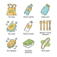 Zero waste swaps handmade color icons set. Environmentally friendly, organic, sustainable products. Recycling materials. Reusable lunch box, eco sponges, plastic bottle. Isolated vector illustrations