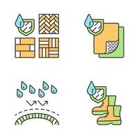 Waterproofing color icons set. Water resistant materials and surfaces. Hydrophobic technology. Impermeable layer. Waterproof flooring and shoes. Liquid, rain protection. Isolated vector illustrations