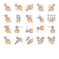 Touchscreen gestures color icons set. Tap, point, 2x tap, 3x click gesturing. Flick, zoom gesture. Vertical, horizontal scroll up, down. Drag finger all directions. Isolated vector illustrations