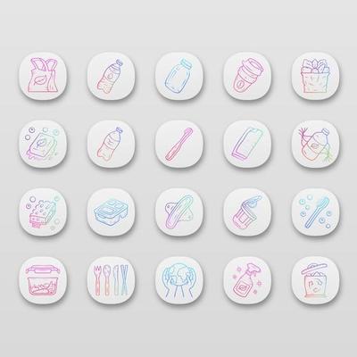 Zero waste swaps handmade app icons set. Organic, sustainable products. Reusable, recycle, eco friendly materials. UI UX user interface. Web or mobile applications. Vector isolated illustrations