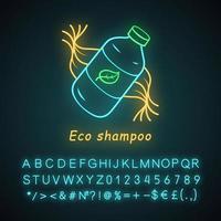 Eco shampoo neon light icon. Organic cosmetics. Eco friendly, chemicals free hair care product. Reusable plastic bottle. Glowing sign with alphabet, numbers and symbols. Vector isolated illustration