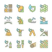 Waterproofing color icons set. Water resistant materials, fabric, surfaces. Waterproof flooring, membrane, sealant, paint, raincoat, log, roof, phone, spray and boots. Isolated vector illustrations