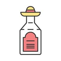 Tequila color icon. Mexican strong alcoholic drink. Bottle with sombrero bung. Isolated vector illustration