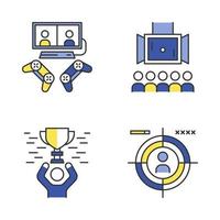 Esports color icons set. Gaming environment. Multiplayer video game. Tournament broadcast. Champion with award. First-person shooter. Isolated vector illustrations