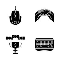 Esports glyph icons set. Gaming keyboard and mouse. Mobile game. Prize money. Silhouette symbols. Vector isolated illustration