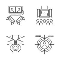 conjunto de iconos lineales de esports. arena de juego videojuego multijugador. retransmisión del torneo. premio campeón. tirador en primera persona. símbolos de contorno de línea delgada. iconos de contorno de vector aislado. trazo editable