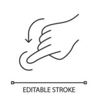 Flick down gesture linear icon. Touchscreen gesturing. Human hand and fingers. Using sensory devices. Thin line illustration. Contour symbol. Vector isolated outline drawing. Editable stroke