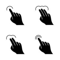 Touchscreen gestures glyph icons set. Tap, point, click, double tap, drag, double click gesturing. Touch and hold. Human fingers. Silhouette symbols. Vector isolated illustration