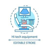 Hi tech medical equipment concept icon. Examination. Patient chair, monitor, test tubes table. Ultrasound diagnostic room idea thin line illustration. Vector isolated outline drawing. Editable stroke