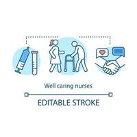 Well caring nurses concept icon. Therapy. Rehabilitation program. Nursing service. Medical volunteering idea thin line illustration. Vector isolated outline drawing. Editable stroke
