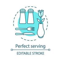 Perfect serving concept icon. Cafe table reservation. Food industry. Cutlery, salt, pepper, flower. Table setting idea thin line illustration. Vector isolated outline drawing. Editable stroke