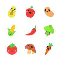 verduras lindos personajes vectoriales kawaii. aguacate, pimiento, zanahoria con cara sonriente. maíz, tomate, brócoli. emoji divertido, juego de emoticonos. comida de risa. ilustración de color de dibujos animados aislados vector