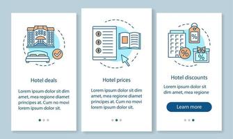 Hotel onboarding mobile app page screen with linear concepts. Apartment booking, reservation. Deals, prices, discounts walkthrough graphic instructions. UX, UI, GUI vector template with illustrations