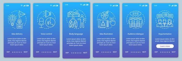Habilidades para hablar en público incorporación de la plantilla de vector de pantalla de página de aplicación móvil. control de voz, lenguaje corporal, diálogo de audiencia. paso a paso del sitio web con iconos de línea. ux, ui, interfaz de teléfono inteligente gui