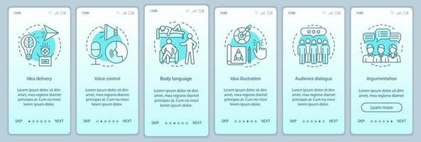 Public speaking skills onboarding mobile app page screen vector template. Voice control, body language, audience dialog. Walkthrough website steps with line icons. UX, UI, GUI smartphone interface