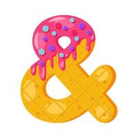 Donut cartoon ampersand symbol vector illustration. Biscuit font style. Glazed bold math sign with icing. Tempting flat design typography. Cookies, waffle sign. Pastry, bakery isolated clipart
