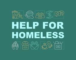Help for homeless word concepts banner. Charity for beggars. Presentation, website. Emergency shelters, food donation. Isolated lettering typography idea with linear icons. Vector outline illustration