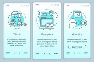 Virtual reality software onboarding mobile app page screen with linear concepts. VR tools, soft, app, devices walkthrough steps graphic instructions. UX, UI, GUI vector template with illustrations