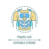 VR haptic suit concept icon. Feedback and motion tracking jacket. Innovation VR device. Virtual reality vest idea thin line illustration. Vector isolated outline drawing. Editable stroke