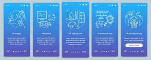 Virtual reality technologies onboarding mobile app page screen with linear concepts. VR surgery, aviation, military, production walkthrough steps graphic icons. UX, UI, GUI vector template with icons
