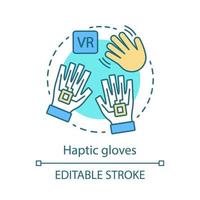 icono de concepto de guantes hápticos. guantes vr. interacción con varios dedos. guantes cibernéticos. guantes de datos idea de gadget de realidad virtual ilustración de línea delgada. dibujo de contorno aislado vectorial. trazo editable vector