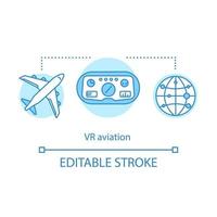 VR aviation concept icon. Pilot training and simulation. In-flight simulator. Virtual reality training airlines personal idea thin line illustration. Vector isolated outline drawing. Editable stroke