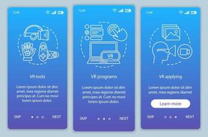 Virtual reality software onboarding mobile app page screen with linear concepts. VR tools, soft, application walkthrough steps graphic instructions. UX, UI, GUI vector template with illustrations..