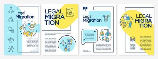 Legal migration blue and yellow brochure template. Relocation to other country. Leaflet design with linear icons. 4 vector layouts for presentation, annual reports. Questrial, Lato-Regular fonts used