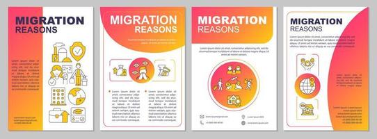 Migration reasons red gradient brochure template. Relocation causes. Leaflet design with linear icons. 4 vector layouts for presentation, annual reports. Arial, Myriad Pro-Regular fonts used