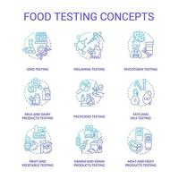 Food testing blue gradient concept icons set. Performing experiments for analysis idea thin line color illustrations. Meat, dairy products. Isolated symbols. Roboto-Medium, Myriad Pro-Bold fonts used vector