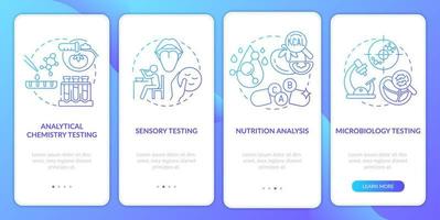 Food samples evaluation blue gradient onboarding mobile app screen. Walkthrough 4 steps graphic instructions pages with linear concepts. UI, UX, GUI template. Myriad Pro-Bold, Regular fonts used vector