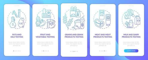 Food safety evaluation blue gradient onboarding mobile app screen. Walkthrough 5 steps graphic instructions pages with linear concepts. UI, UX, GUI template. Myriad Pro-Bold, Regular fonts used vector