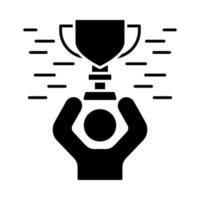 Tournament winning glyph icon. Esports competition. Gamer with award. Winner cup. Gold trophy. Silhouette symbol. Negative space. Vector isolated illustration