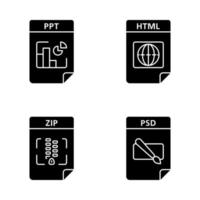 Files format glyph icons set. Presentation, webpage, archive, image files. PPT, HTML, ZIP, PSD. Silhouette symbols. Vector isolated illustration