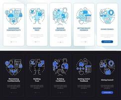 HR communicative skills night and day mode onboarding mobile app screen. Walkthrough 5 steps graphic instructions pages with linear concepts. UI, UX, GUI template. Myriad Pro-Bold, Regular fonts used vector