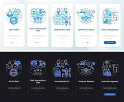 Pantalla de la aplicación móvil de incorporación del modo día y noche de habilidades de recursos humanos. tutorial corporativo 5 pasos páginas de instrucciones gráficas con conceptos lineales. interfaz de usuario, ux, plantilla de interfaz gráfica de usuario. innumerables fuentes pro-negrita y regulares utilizadas vector