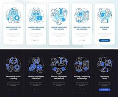 HR professional skills night and day mode onboarding mobile app screen. Walkthrough 5 steps graphic instructions pages with linear concepts. UI, UX, GUI template. Myriad Pro-Bold, Regular fonts used vector