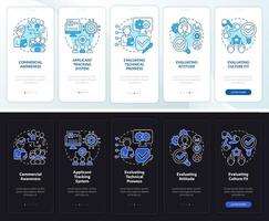 HR business skills night and day mode onboarding mobile app screen. Walkthrough 5 steps graphic instructions pages with linear concepts. UI, UX, GUI template. Myriad Pro-Bold, Regular fonts used vector