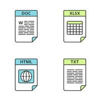 Files format color icons set. Text, web and data files. DOC, XLSX, HTML, TXT. Isolated vector illustrations