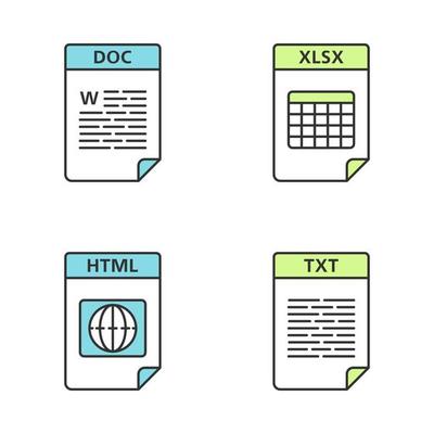 Files format color icons set. Text, web and data files. DOC, XLSX, HTML, TXT. Isolated vector illustrations