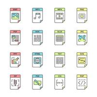 Files format color icons set. Multimedia, text, image, web digital files. BMP, MP3, MP4, PNG, PDF, DOC, XLSX, JPG, PPT, HTML, TXT, SVG, ZIP, PHP, CSS, PSD. Isolated vector illustrations