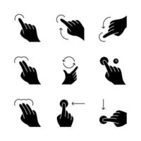 Touchscreen gestures glyph icons set. Tap, click, 2x tap, drag gesturing. Flick up and flick down. Vertical scroll up, scroll down. Touch and hold. Silhouette symbols. Vector isolated illustration