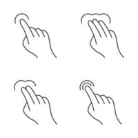 Touchscreen gestures linear icons set. Tap, point, click, double tap, drag, double click gesturing. Human fingers. Thin line contour symbols. Isolated vector outline illustrations. Editable stroke