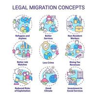 Legal migration concept icons set. Moving to foreign country. Leaving homeland idea thin line color illustrations. Isolated symbols. Editable stroke. Roboto-Medium, Myriad Pro-Bold fonts used vector