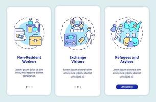 Migration pathways onboarding mobile app screen. Permissions walkthrough 3 steps graphic instructions pages with linear concepts. UI, UX, GUI template. Myriad Pro-Bold, Regular fonts used vector